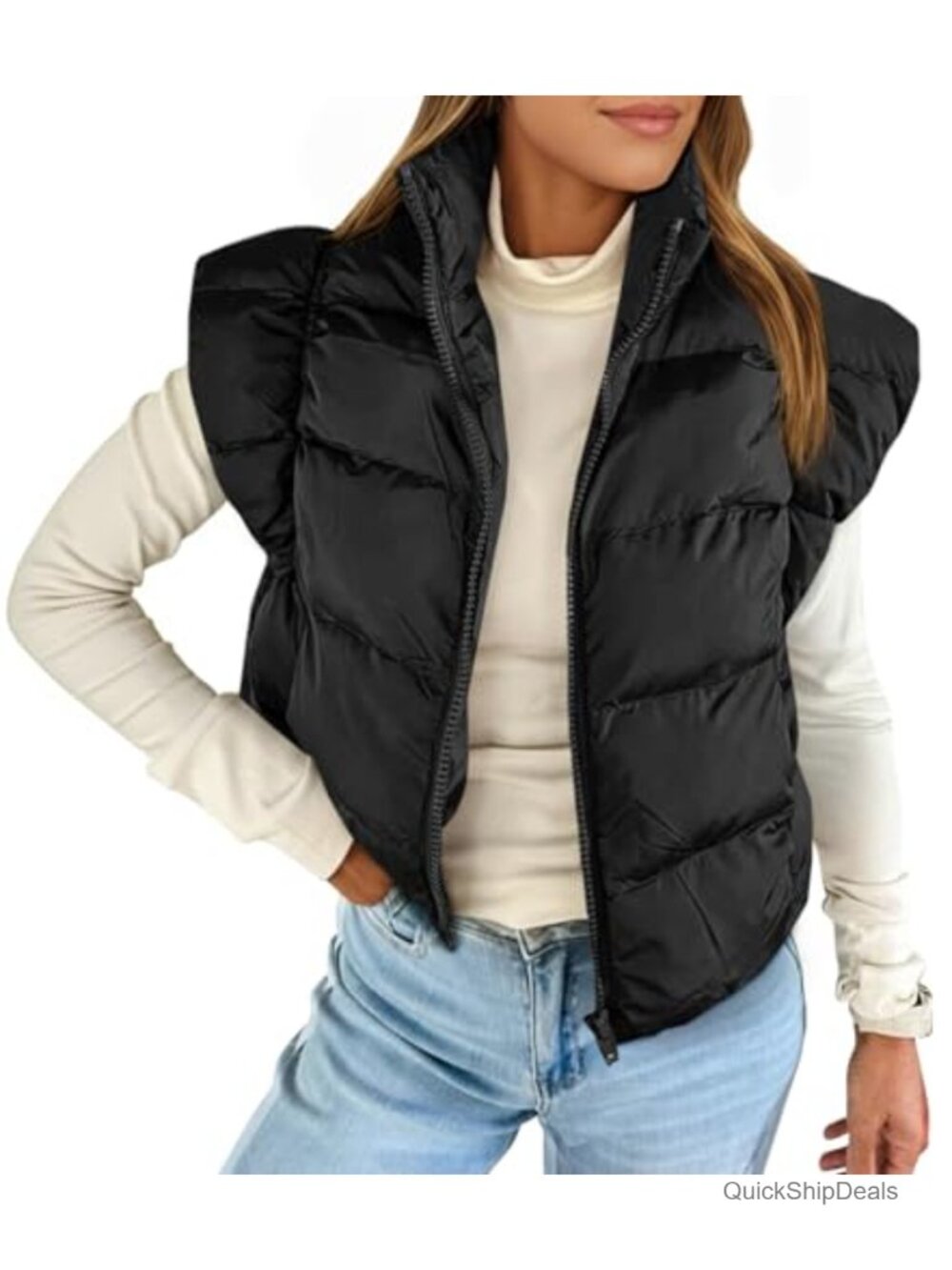 Cropped Puffer Vest Cap Sleeve Zip Up Quilted Puffy Jacket